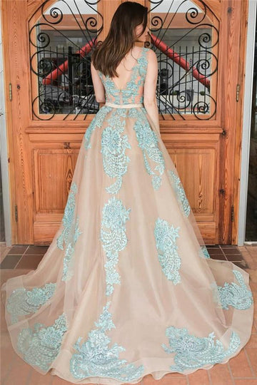 Lace Appliques Overskirt Open Back Evening Gown JTE491