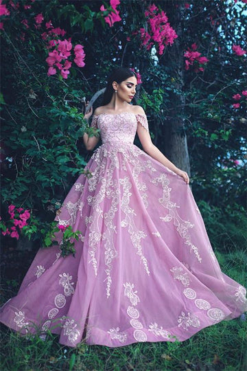 Off-the-Shoulder Lace Appliques Ball Pink Prom Gown JTE492