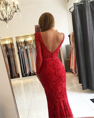 Red V-neck Scarlet Lace Long Sleeve Evening Gown JTE493