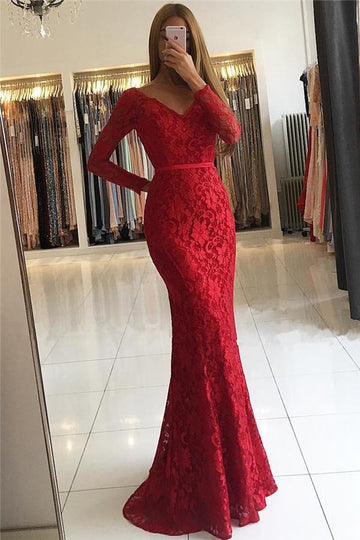 Red V-neck Scarlet Lace Long Sleeve Evening Gown JTE493