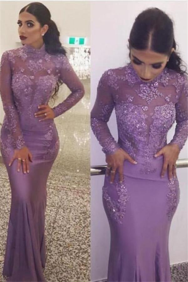 Purple High Neck Long Sleeve Appliques Mermaid Evening Gown JTE494