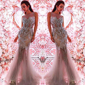 Nude Beading Crystals Mermaid Evening Gown JTE495