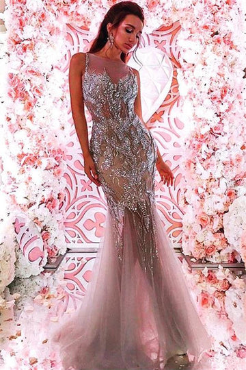 Nude Beading Crystals Mermaid Evening Gown JTE495