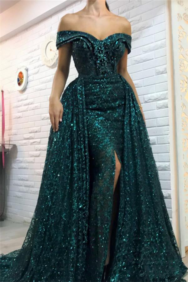 Dark Green Off-the-Shoulder Sparkle Sequin Overskirt Evening Gown JTE497