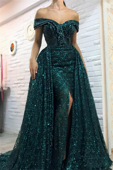 Dark Green Off-the-Shoulder Sparkle Sequin Overskirt Evening Gown JTE497