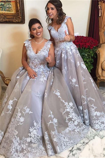 Plus Size V-Neck A-line Lace Appliques Prom Gown JTE499