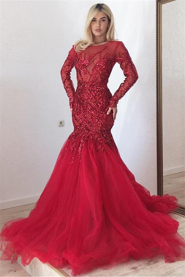 Trendy Red Scarlet Long Sleeve Mermaid Prom Dress JTE501