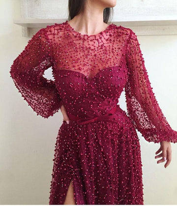 A-line Illusion Scarlet Long Sleeves Side Slit Evening Dress JTE503