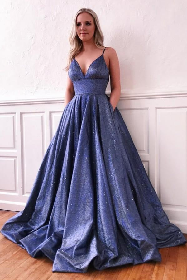 Spaghetti Strap Princess Blue Evening Dress with Pocket JTE504