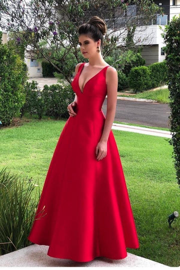 A-line Red V-neck Satin Prom Dress JTE505