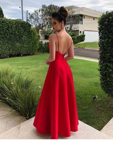 A-line Red V-neck Satin Prom Dress JTE505