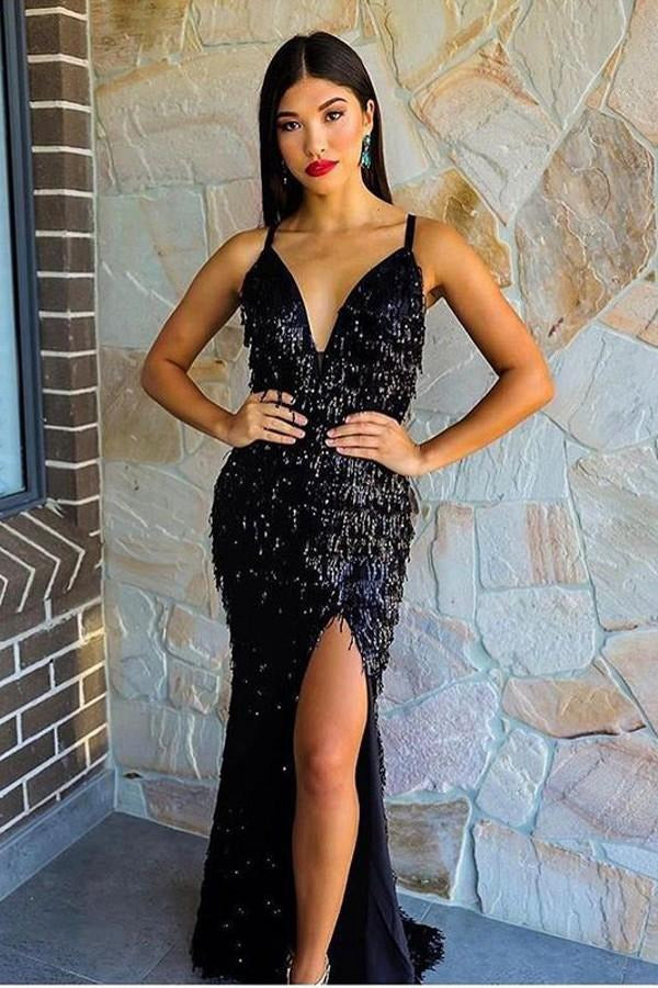 Spaghetti Straps Sheath Black V-neck Sequin Prom Dress JTE506