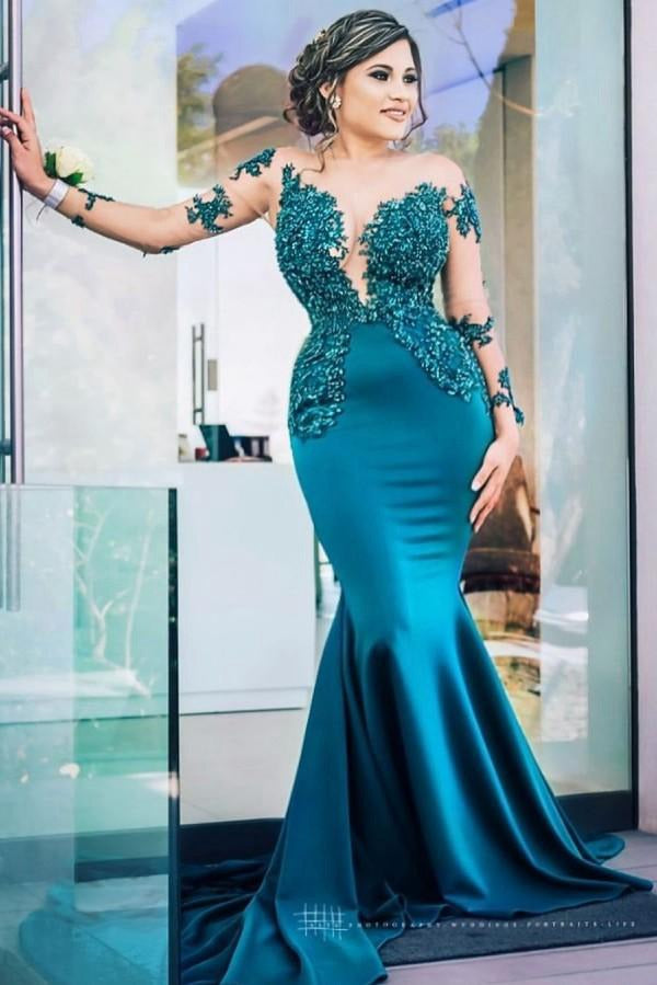 Ink Blue Long Sleeve Lace Beading Mermaid Prom Dress JTE507