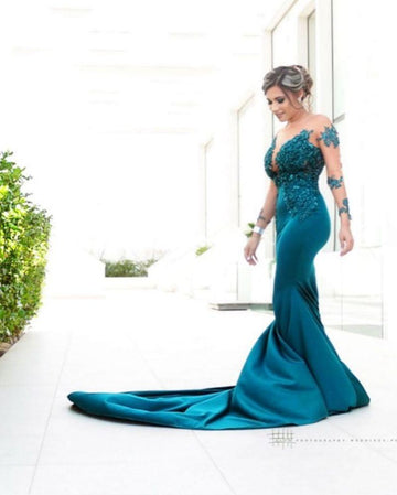 Ink Blue Long Sleeve Lace Beading Mermaid Prom Dress JTE507