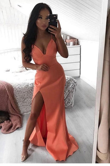 Sheath Spaghetti Straps Orange High Split Prom Dress JTE508