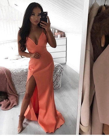 Sheath Spaghetti Straps Orange High Split Prom Dress JTE508