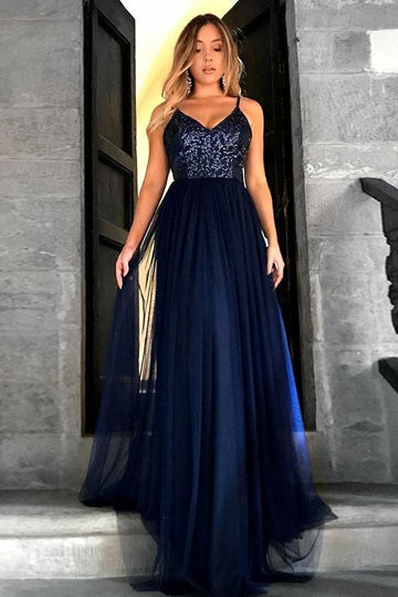 A-line Sequins V-neck Spaghetti Tulle Navy Blue Prom Dress JTE510