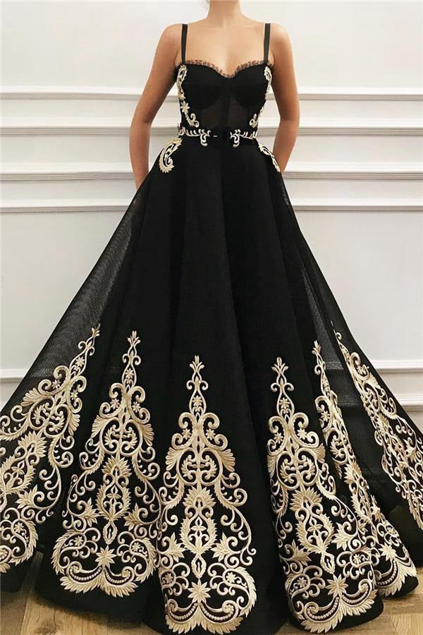 Trendy Princess Spaghetti Strap Sweetheart Black Lace Prom Dress JTE511