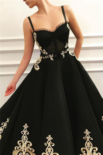 Trendy Princess Spaghetti Strap Sweetheart Black Lace Prom Dress JTE511