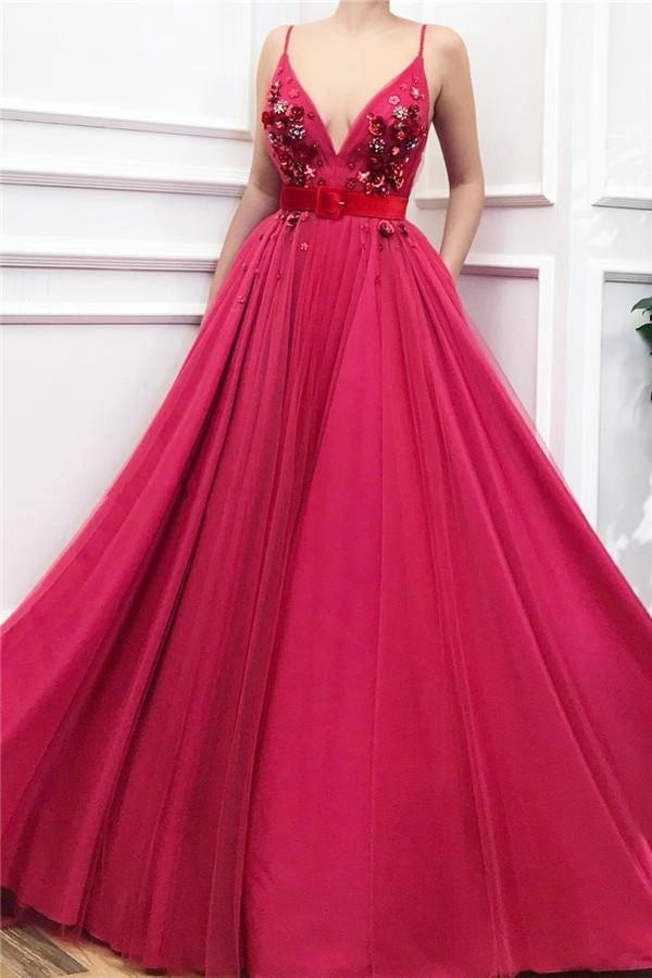Trendy Spaghetti Straps V-neck Fuchsia Prom Gown JTE512