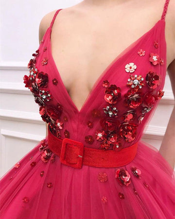 Trendy Spaghetti Straps V-neck Fuchsia Prom Gown JTE512