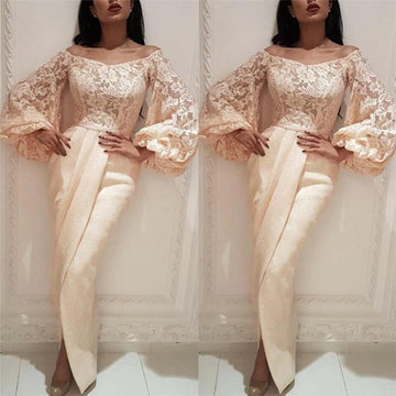 Lace Off-the-Shoulder Long Pagoda Sleeves Slit Sheath Prom Gown JTE513