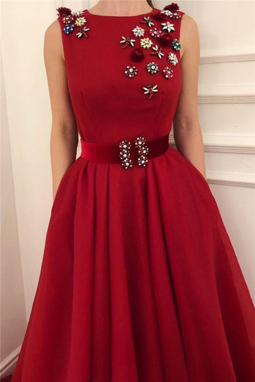 A-line Burgundy Satin Beading Prom Gown JTE514