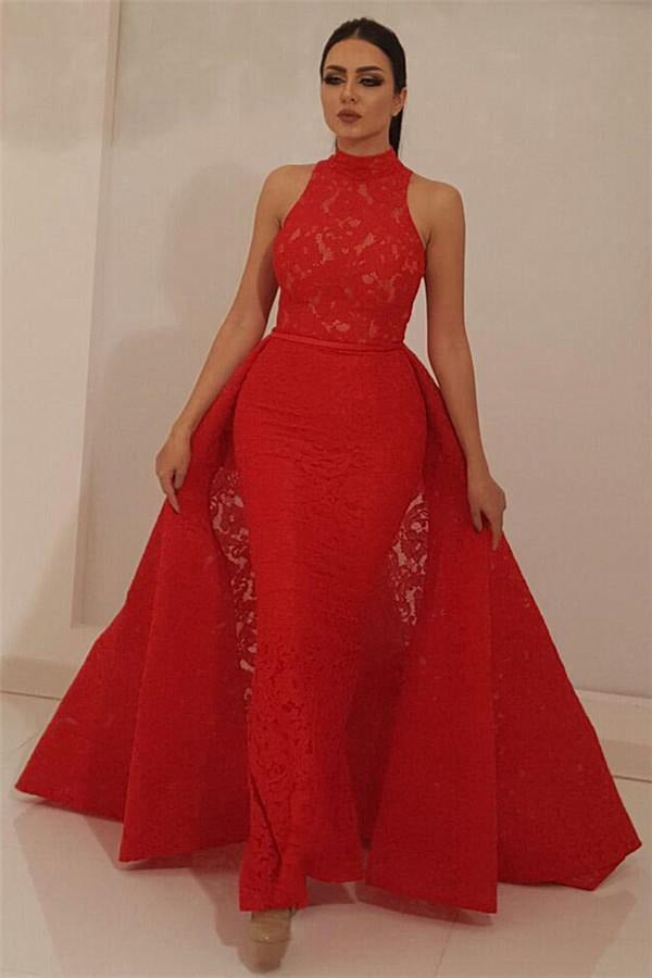 Trendy High Neck Red Lace Unique Mermaid Detachable Skirt Prom Gown JTE516