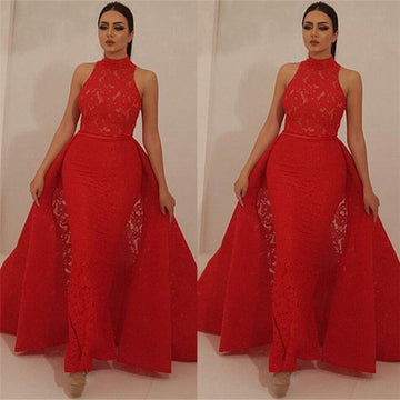Trendy High Neck Red Lace Unique Mermaid Detachable Skirt Prom Gown JTE516