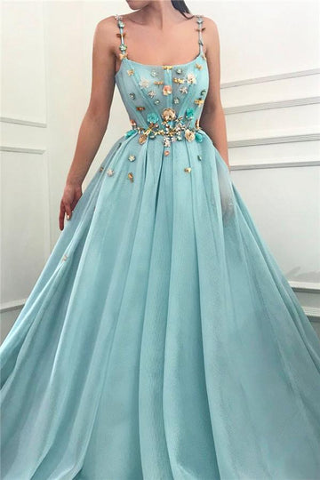 Trendy Applique Turquoise Spaghetti Straps Prom Gown JTE517