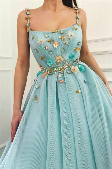 Trendy Applique Turquoise Spaghetti Straps Prom Gown JTE517