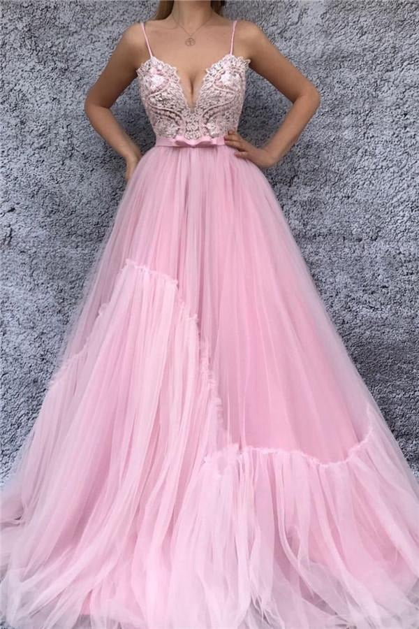 Trendy Princess Spaghetti Straps V-neck Pink Prom Gown JTE519