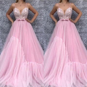 Trendy Princess Spaghetti Straps V-neck Pink Prom Gown JTE519