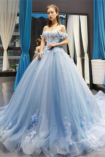 Trendy Blue Lace Off-the-Shoulder Ball Gown Lace Prom Gown JTE520