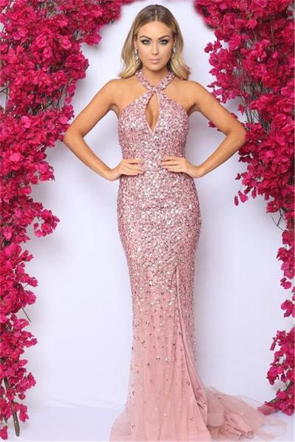 Pink Halter Beading Crystals Mermaid Evening Gown JTE523