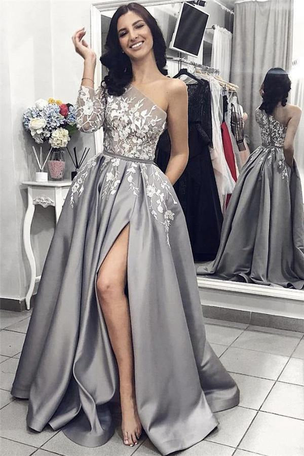 A-line One Sleeve Slit Silver Grey Lace Appliques Evening Gown JTE524