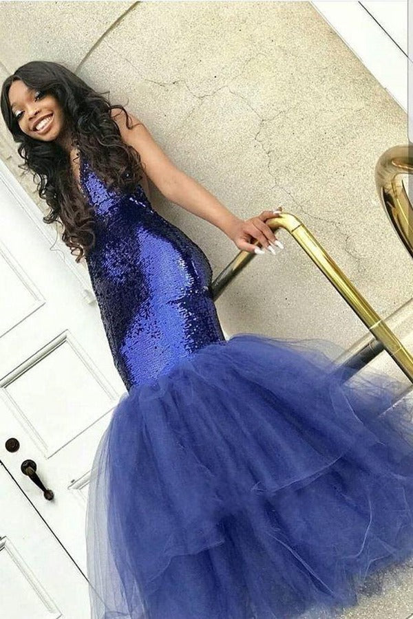 Trendy Navy Blue Sequins V-Neck Mermaid Evening Gown JTE526