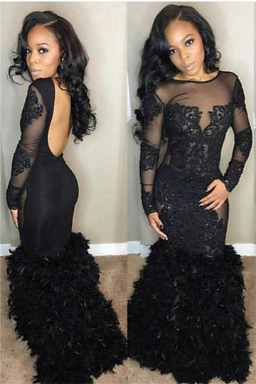 Trendy Black Long Sleeves Lace Mermaid Evening Gown JTE527