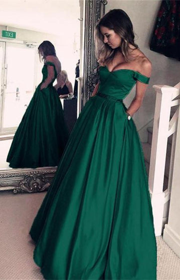 Trendy Off-the-Shoulder Dark Green Prom Gown JTE529