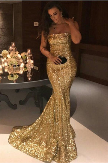 Trendy Sparkle Gold Sequins Mermaid Evening Gowns JTE531