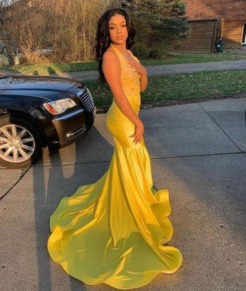 Trendy V-neck Halter Appliques Yellow Mermaid Evening Gowns JTE534