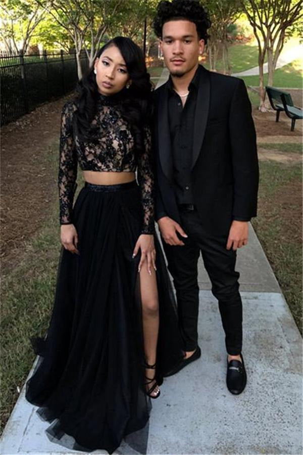 Trendy Two Piece Long Sleeve Black Slit Lace Prom Gowns JTE535