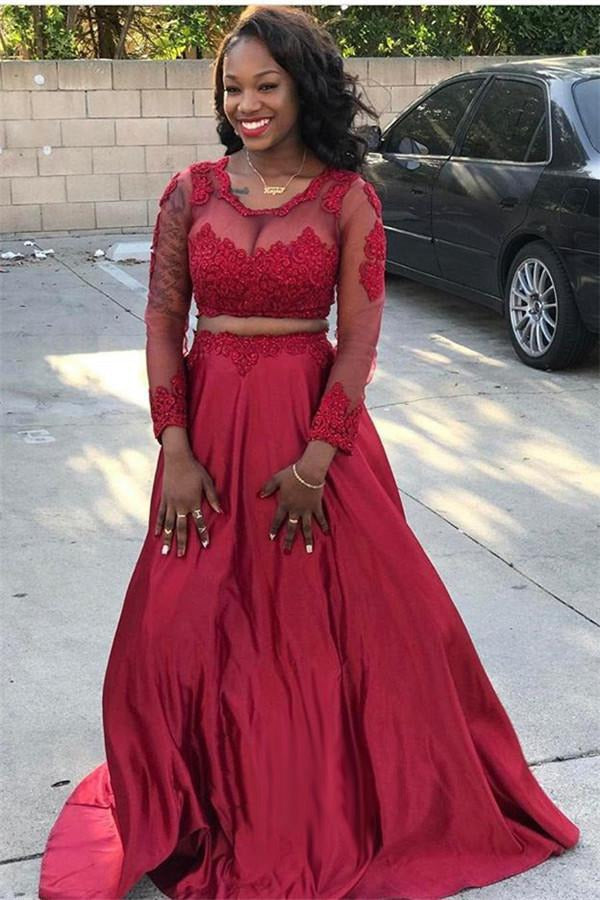Trendy Two Pieces Plus Size Burgundy Long Sleeve A-Line Prom Gowns JTE