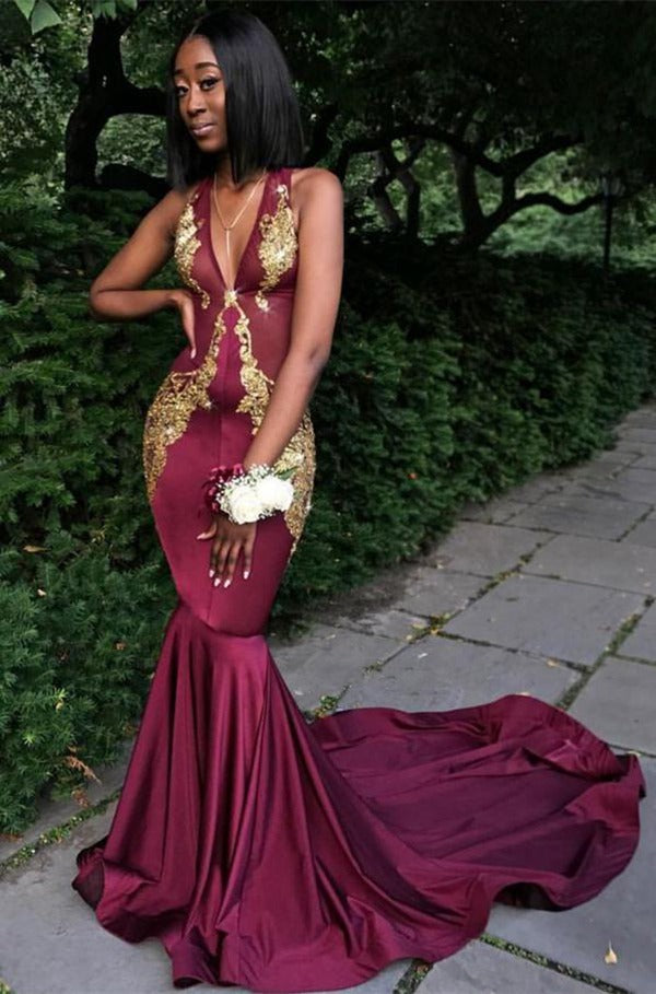 Trendy Burgundy V-Neck Gold Lace Mermaid Evening Gowns JTE541