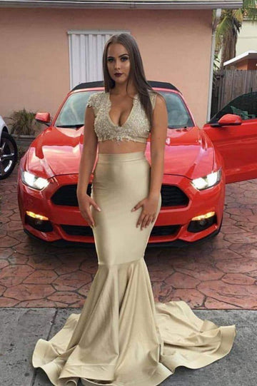 Trendy Two-piece Beading Top V-neck Mermaid Prom Gowns JTE542
