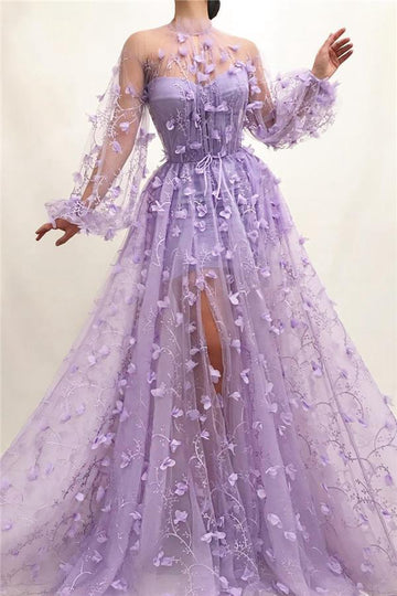Trendy Purple High Neck Slit Appliques Flowers Long Sleeves Prom Gowns JTE543