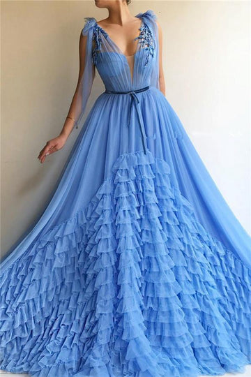 Trendy Blue Deep V-neck Layers Prom Gowns JTE544