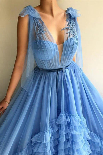 Trendy Blue Deep V-neck Layers Prom Gowns JTE544
