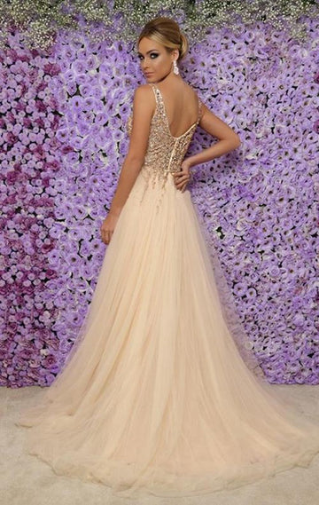 Trendy Champagne A-line V-Neck Tulle Crystals Side Slit Prom Gowns JTE545