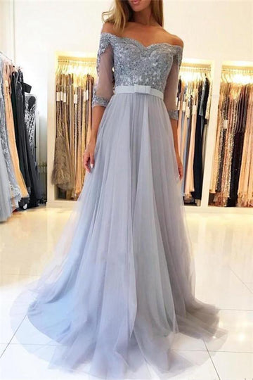 Junior Sky Blue Off-the-Shoulder Half Sleeve Lace Appliques Prom Gowns JTE548